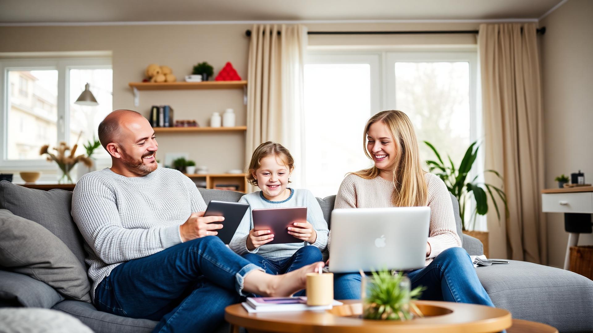 Familie som surfer på bredbånd hjemme